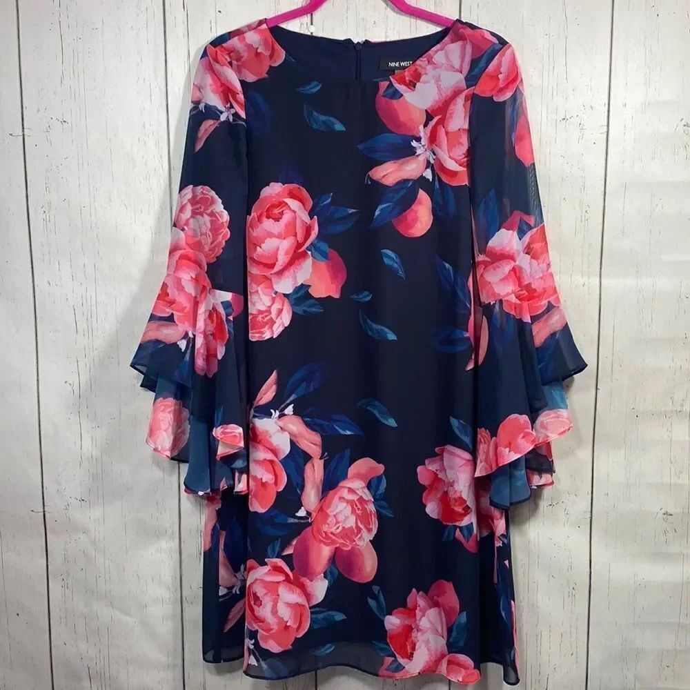 Nine West Floral Shift Dress Size 6 Navy Pink Rose Print Bell Sleeve Romantic